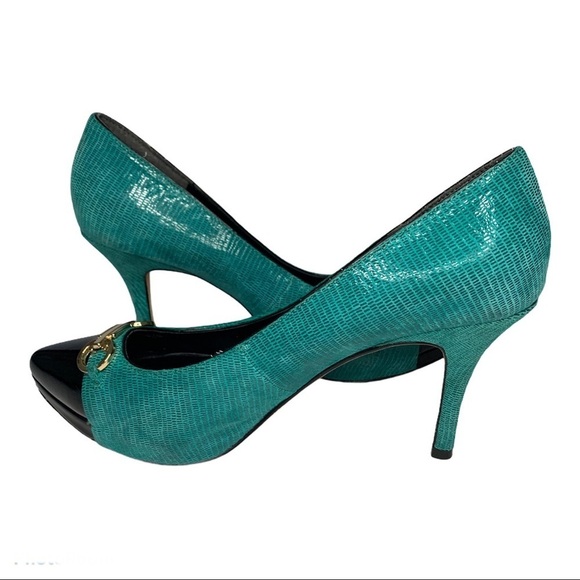 WHBM Turquoise Mid Heel Gold Detail Pumps - Picture 3 of 7
